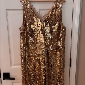 LOFT Gold Sequin V-Neck Party Shift Dress - 16